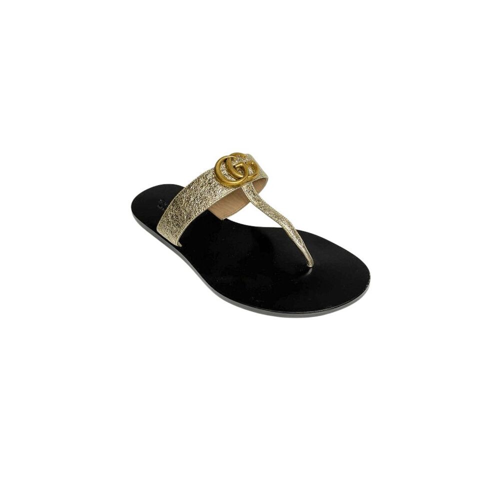 Gucci Marmont GG Thong Sandals Metallic Gold Crinkled Leather Flats EU 38 US 8